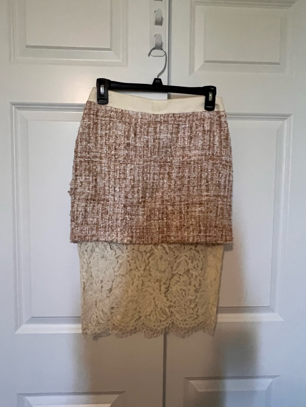English Factory Cream and Pink Tweed Pencil Skirt with Lace Hem